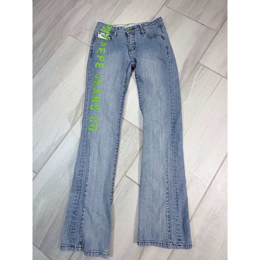 Vintage Y2K Pepe Jeans London Womens Blue Green Logo Low Rise Bootcut Jeans 26